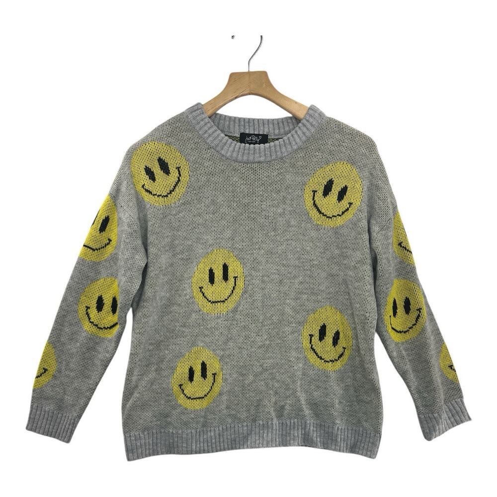 Just Polly Pullover Smiley Sweater,‎ Gray and Yellow, Girls M Pre-owned